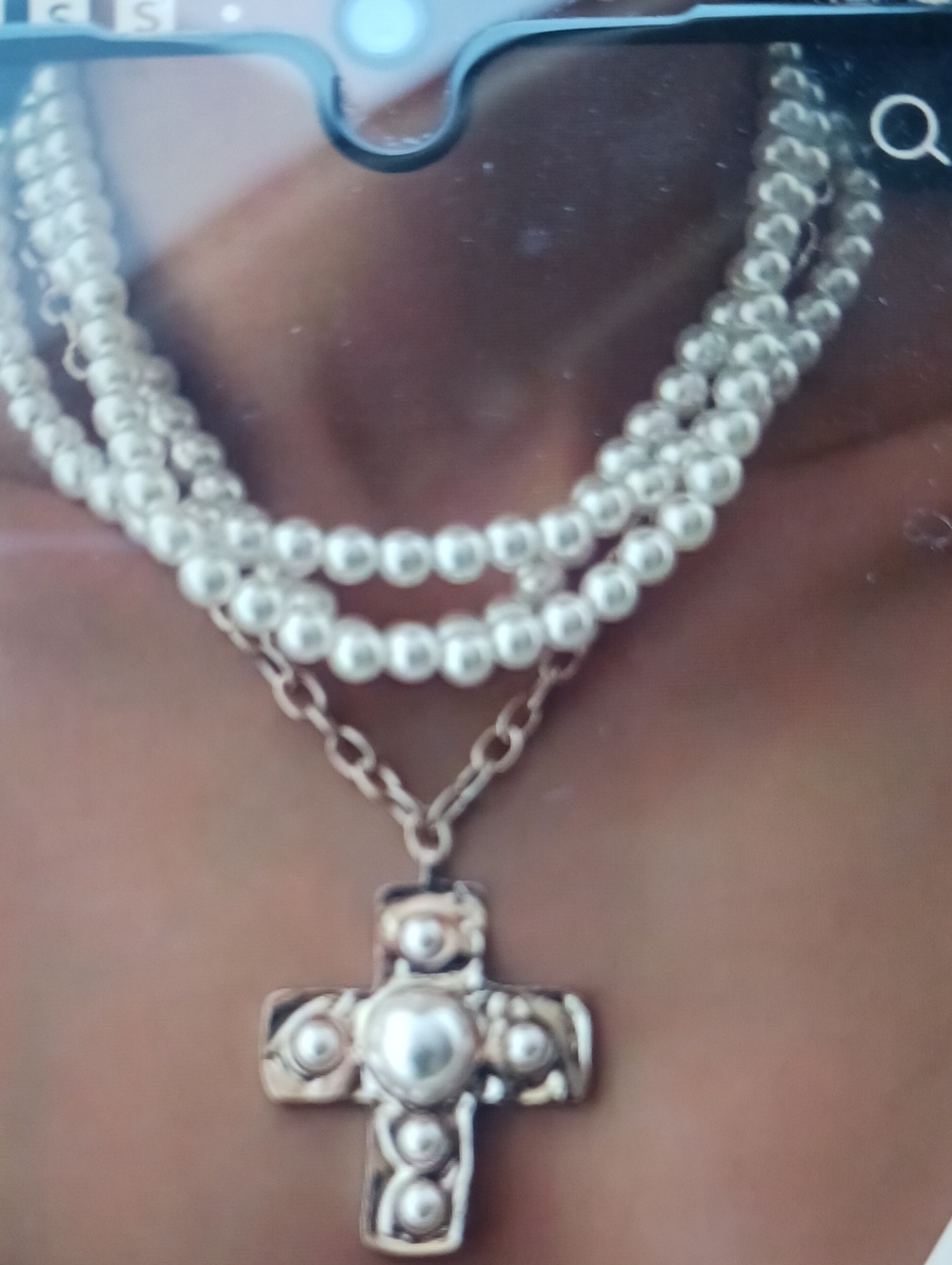 Triple-Strand Pearl Necklace with Cross Pendant - White
